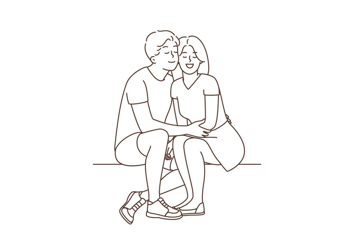 gelukkig paar zittend Aan bank knuffelen. glimlachen Mens en Dames in liefde omhelzing genieten mooi zo verhoudingen. vector illustratie.