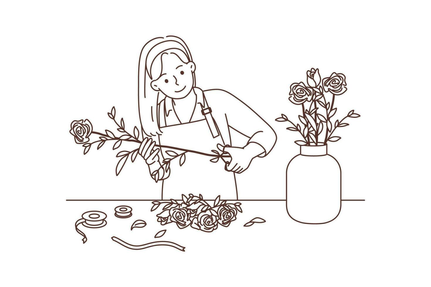 vrouw bloemist werken met bloemen in werkplaats. gelukkig vrouw tuinman snijdend rozen maken boeket in winkel. vector illustratie.