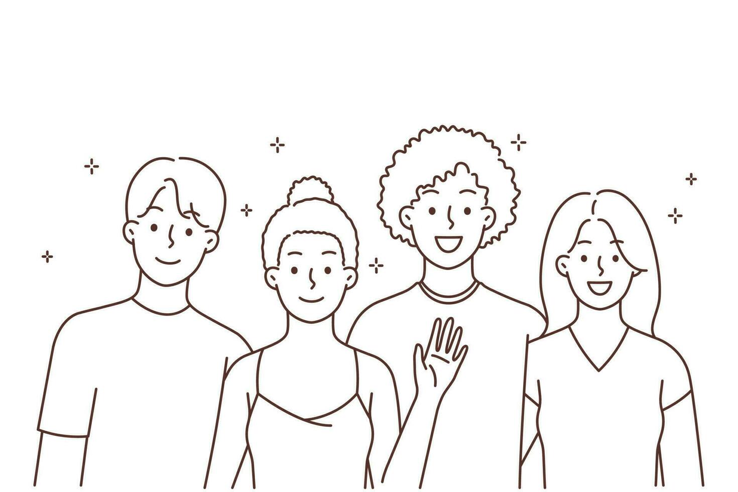 portret van glimlachen interraciaal groep knuffelen gevoel positief en gelukkig. dolblij multiraciaal vrienden zeggen Hallo Golf met hand. vector illustratie.