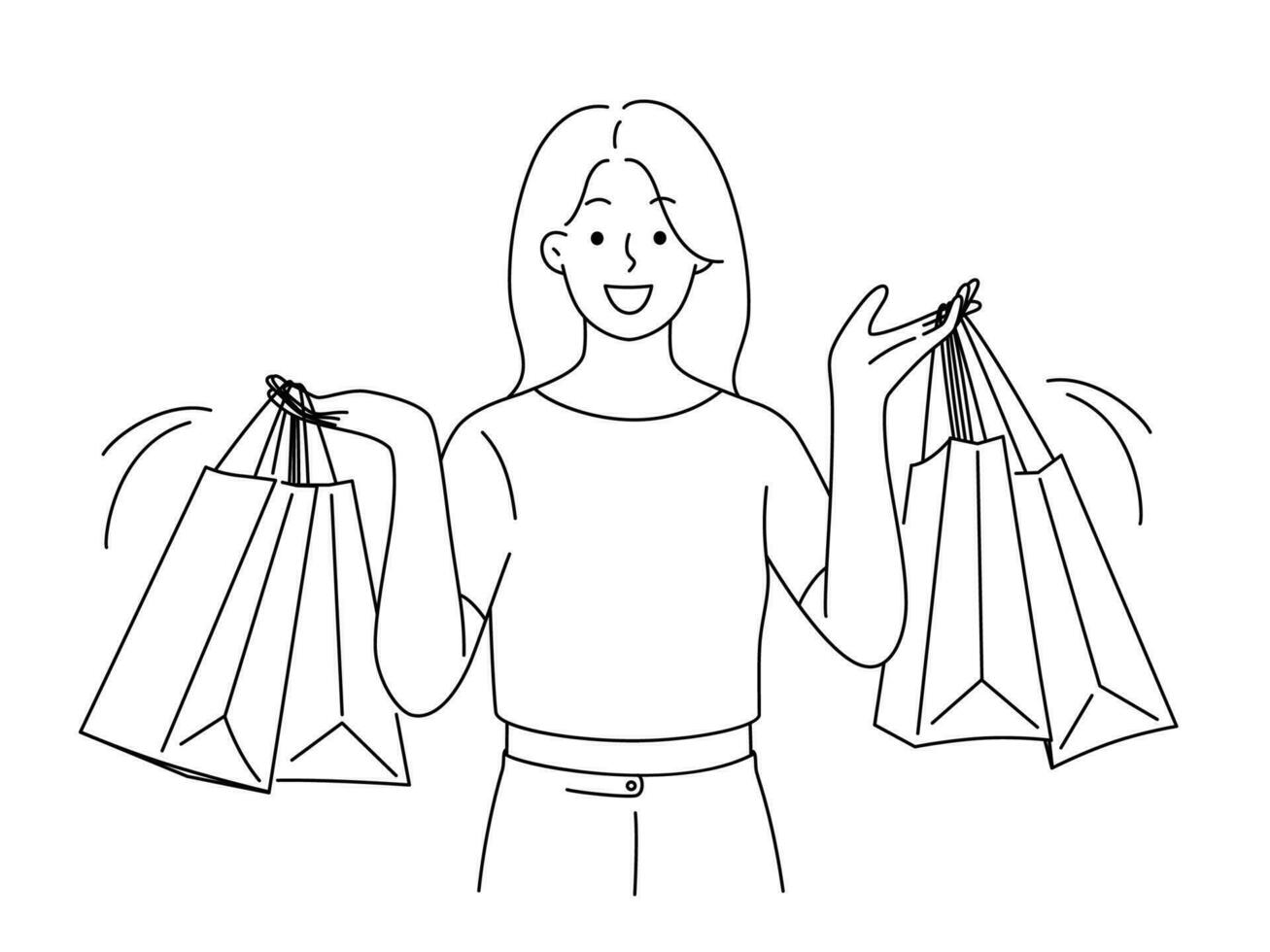 glimlachen jong vrouw Holding talrijk boodschappen doen Tassen met aankopen. gelukkig vrouw shopaholic buying kleren in winkel houden pakketten. vector illustratie.