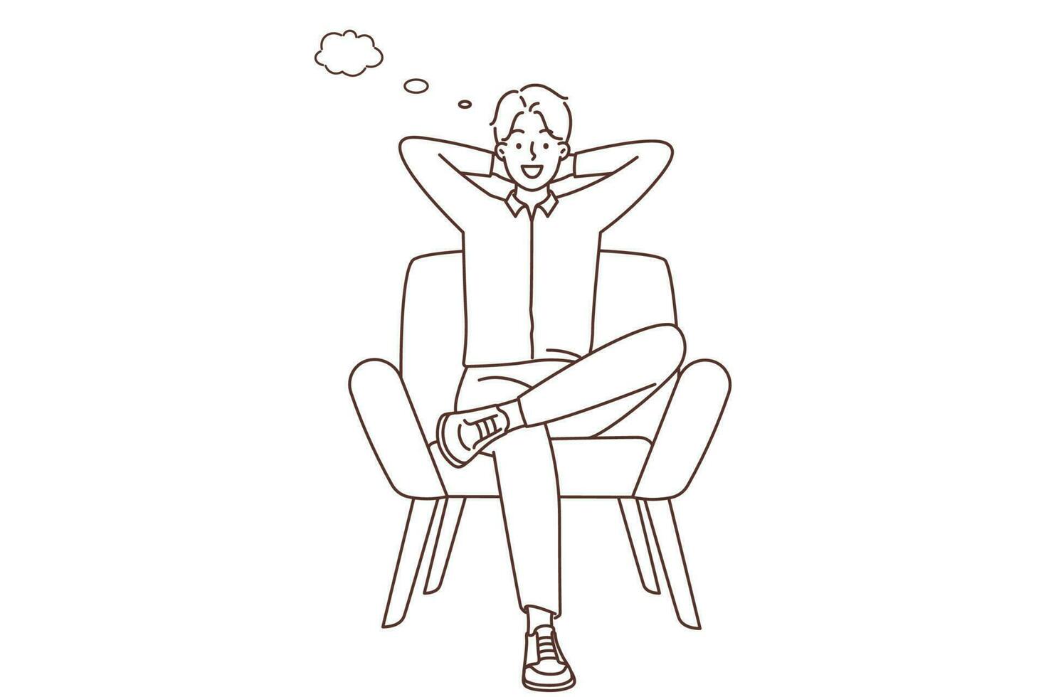 glimlachen jong Mens zitten Aan stoel denken. gelukkig mannetje kom tot rust in fauteuil met toespraak bubbels bovenstaand hoofd. brainstorm en ontspanning. vector illustratie.