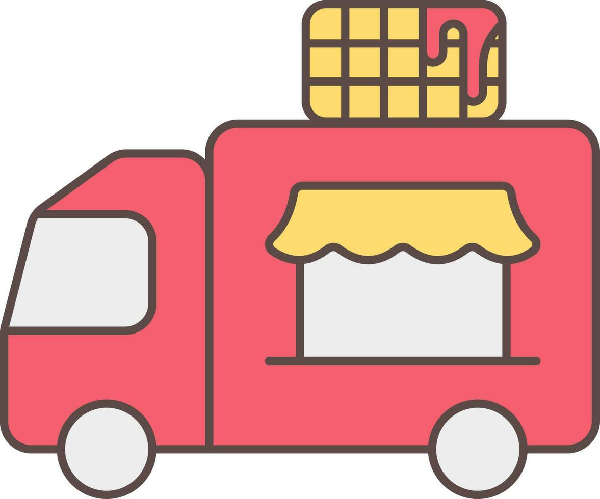 vlak stijl chocola voedsel vrachtauto icoon in rood en geel kleur. vector