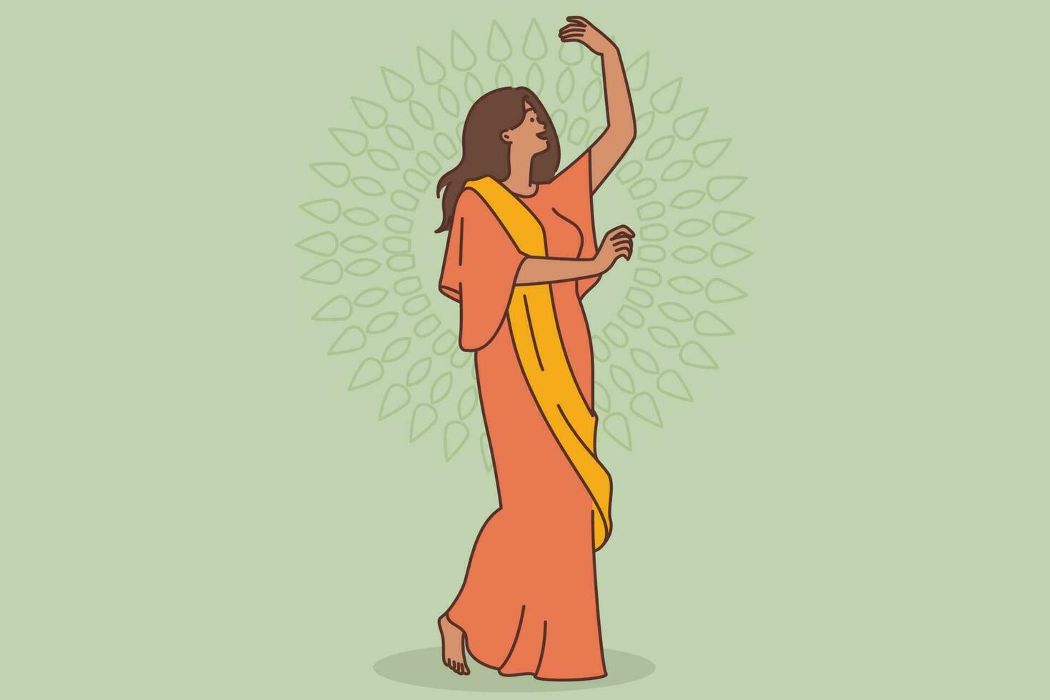 glimlachen jong vrouw in Indisch traditioneel kleren dansen genieten van festival. gelukkig etnisch vrouw in jurk maken beweegt. cultuur en viering. vector illustratie.