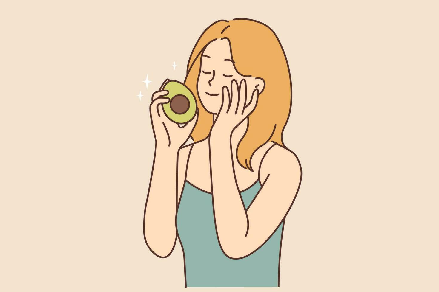 glimlachen jong vrouw Holding avocado tintje gezond huid na biologisch cosmetica. gelukkig meisje genieten natuurlijk schoonheid producten met fruit olie. schoonheidsspecialiste en huidverzorging. vector illustratie.