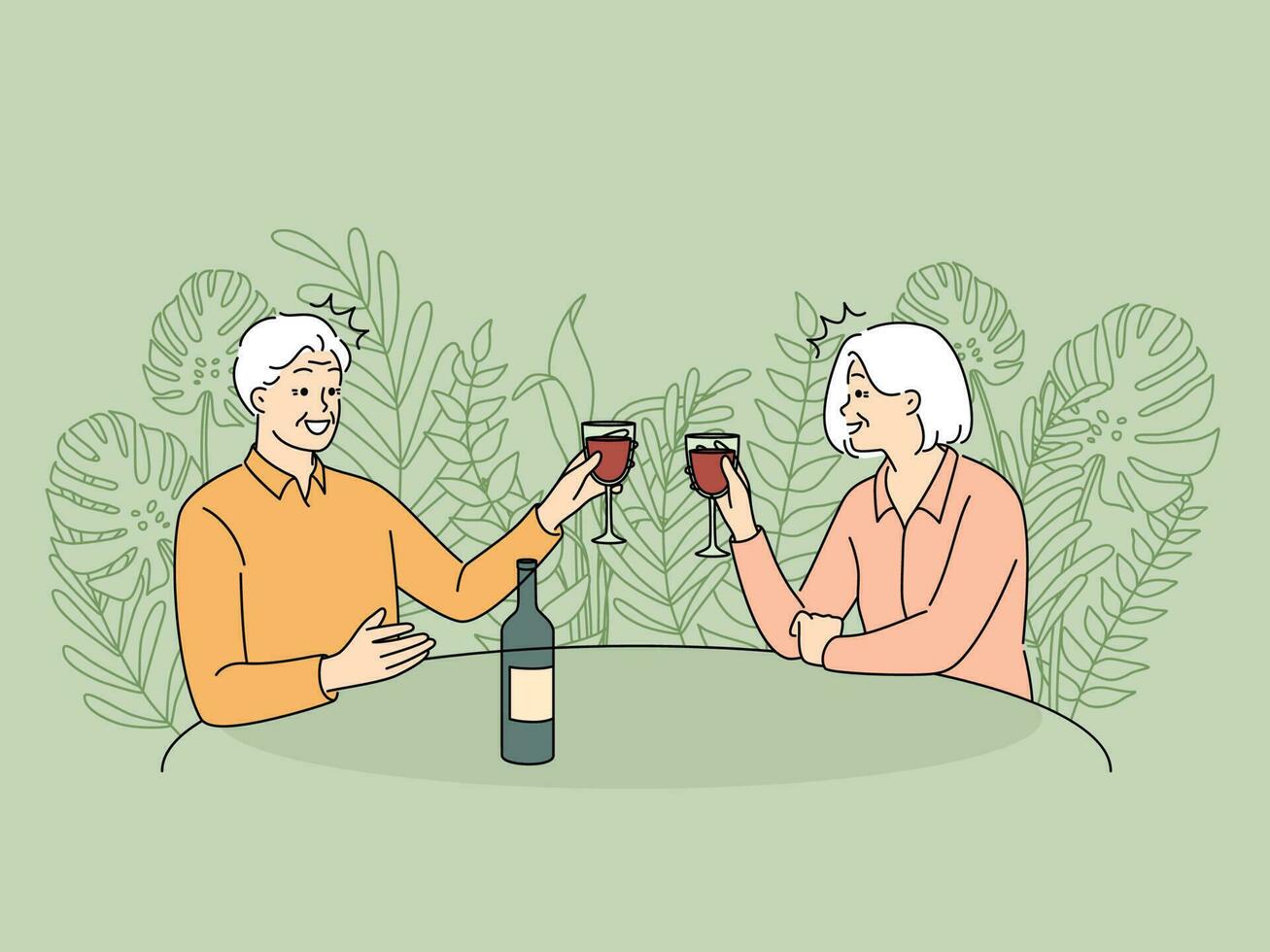 ouderen paar zittend Bij tafel drinken wijn samen. glimlachen oud Mens en vrouw genieten datum in restaurant. liefde en relaties heeft Nee leeftijd. vector illustratie.