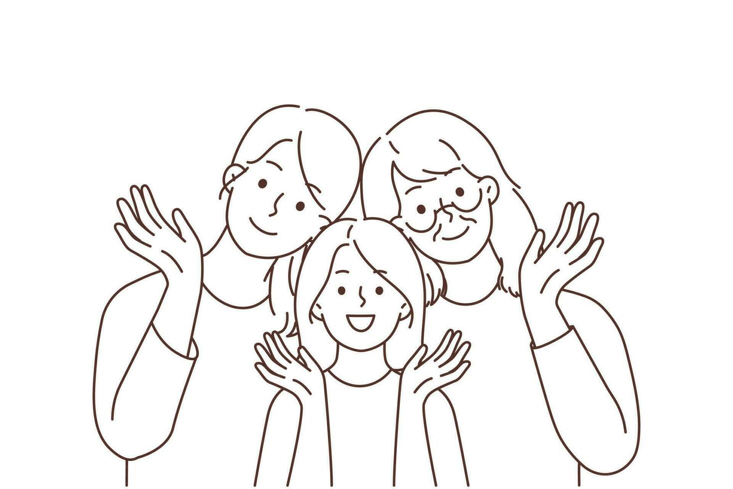 portret van glimlachen drie generaties van Dames poseren samen golvend met hand. gelukkig meisje kind met moeder en grootmoeder tonen familie eenheid. vector illustratie.