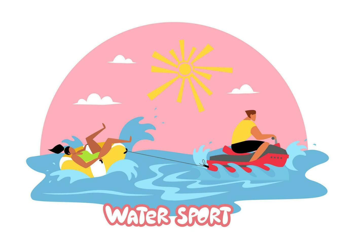 rijden Aan opblaasbaar sleeën Aan de water. zee sport, Jet ski draagt een opblaasbaar buis. zee, water, buitenshuis activiteiten. vector vlak illustratie