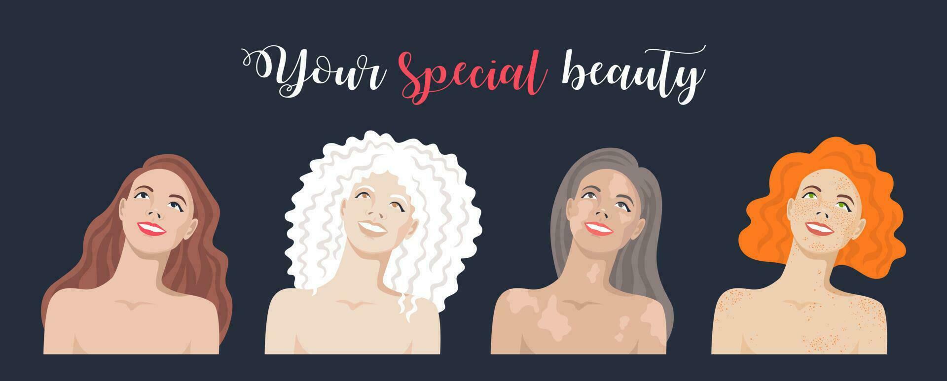 uw speciaal schoonheid. verschillend Dames kijken omhoog met een glimlach. norm, vitiligo, albinisme, sproeten. vector illustratie in vlak tekenfilm stijl