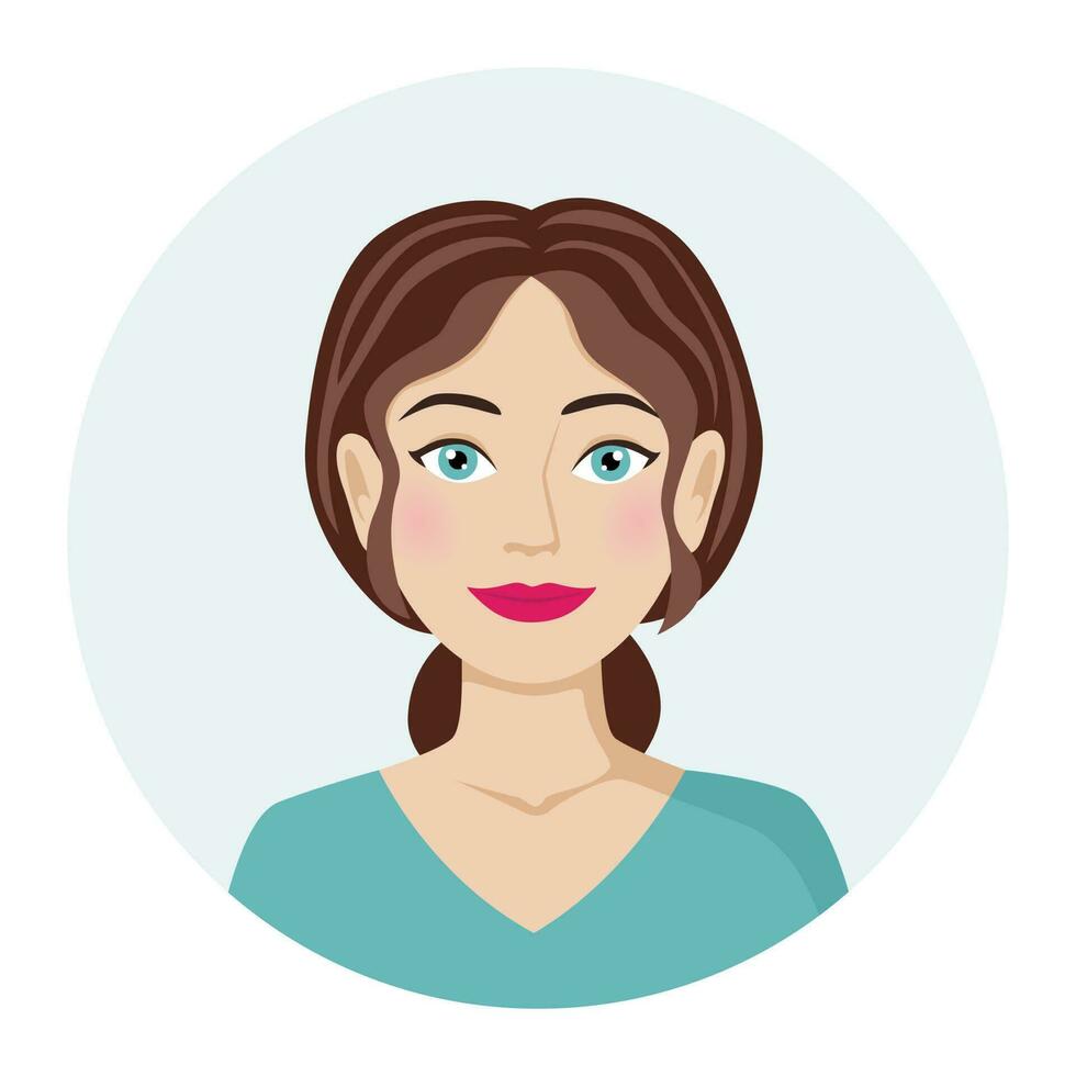 vrouw avatar, portret van een schattig brunette vrouw. vector illustratie van een vrouw karakter in een modern kleur stijl