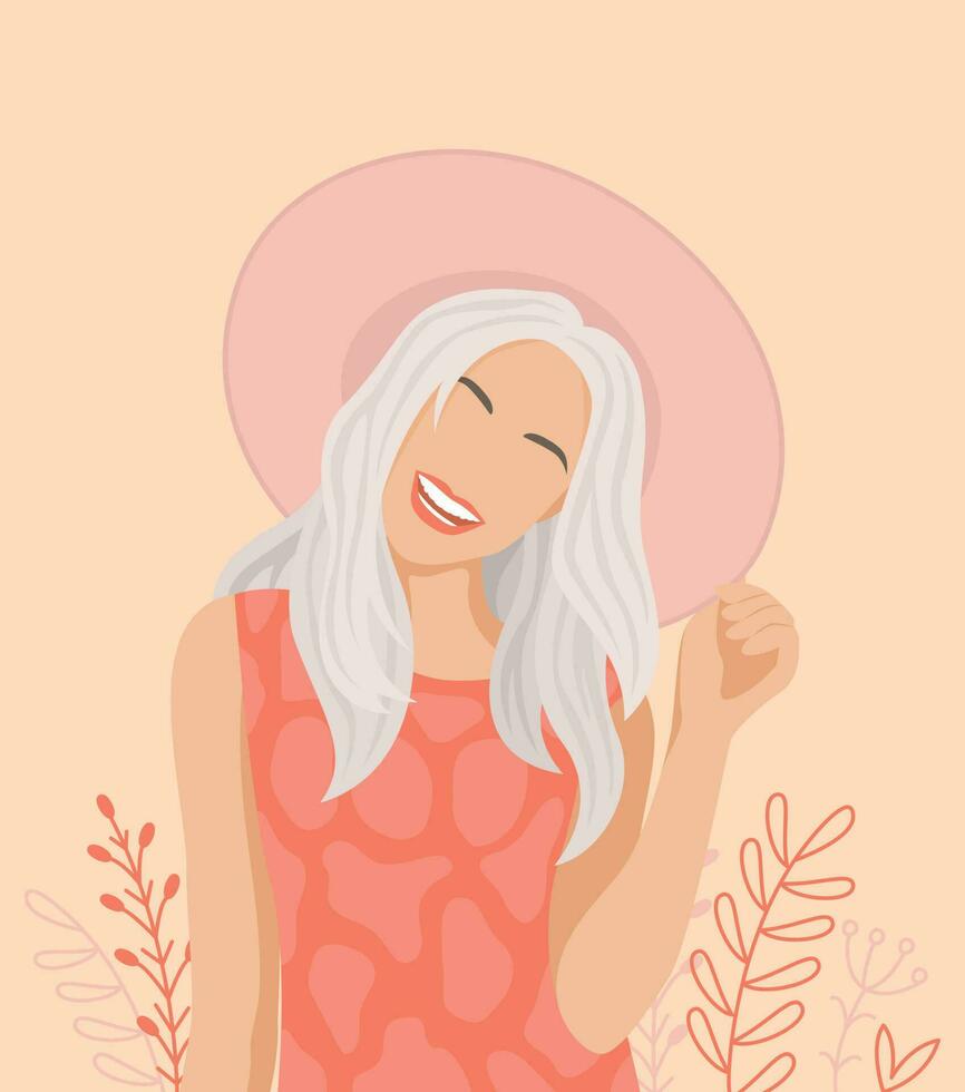 portret van een modieus vrouw. mooi jong vrouw in zomer kleren houdt een hoed met haar hand. elegant abstract meisje in pastel kleuren. mode vector illustratie