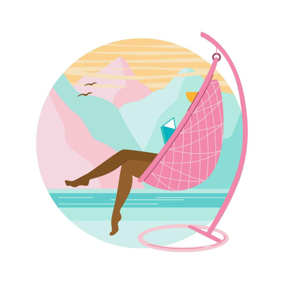 een vrouw in een zwempak en een hoed is lezing een boek en zittend in een hangende stoel in de buurt de zwembad. met een berg visie. ontspanning, zomer humeur. vector vlak illustratie