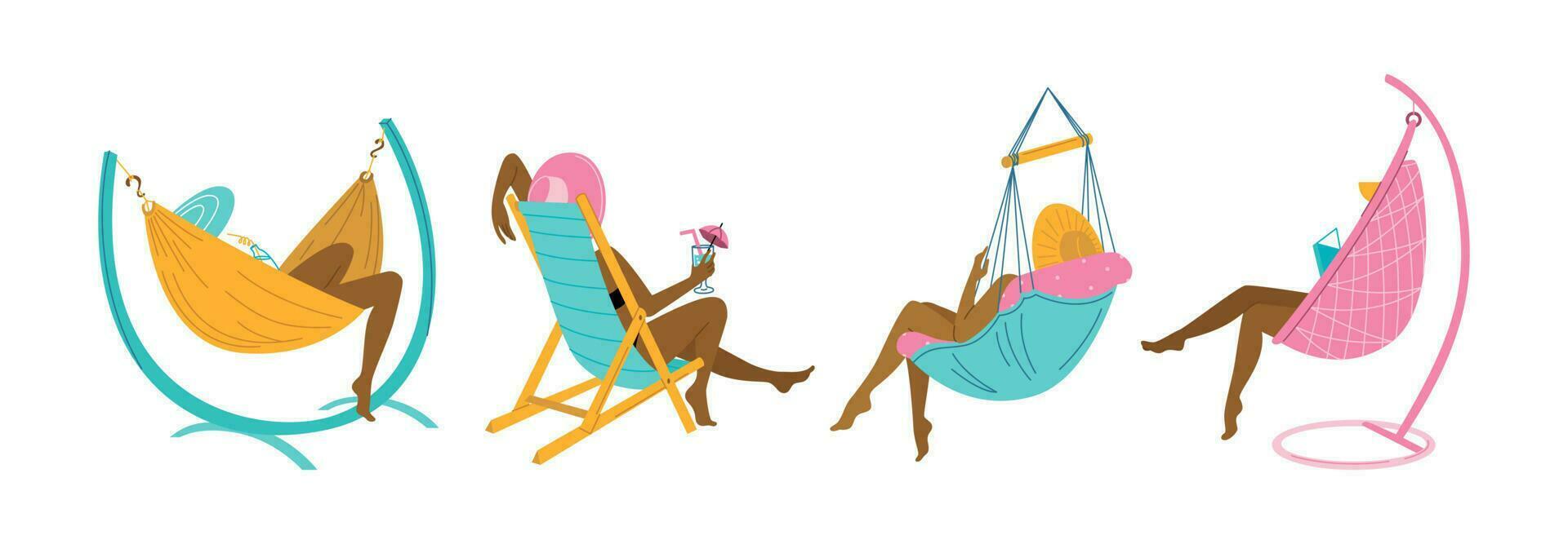 zomer set. mooi Dames zijn zittend in een hangmat, in een hangende stoel, in een sjees longue, een cocon stoel. zomer gevoel. recreatie in natuur, Aan de zee. vector vlak illustratie