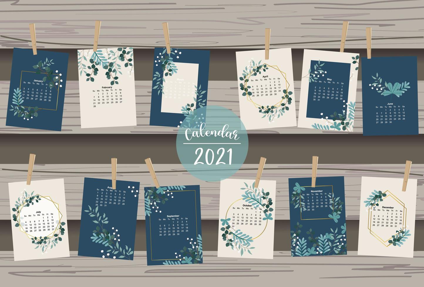 schattige kalender 2021 met blad vector