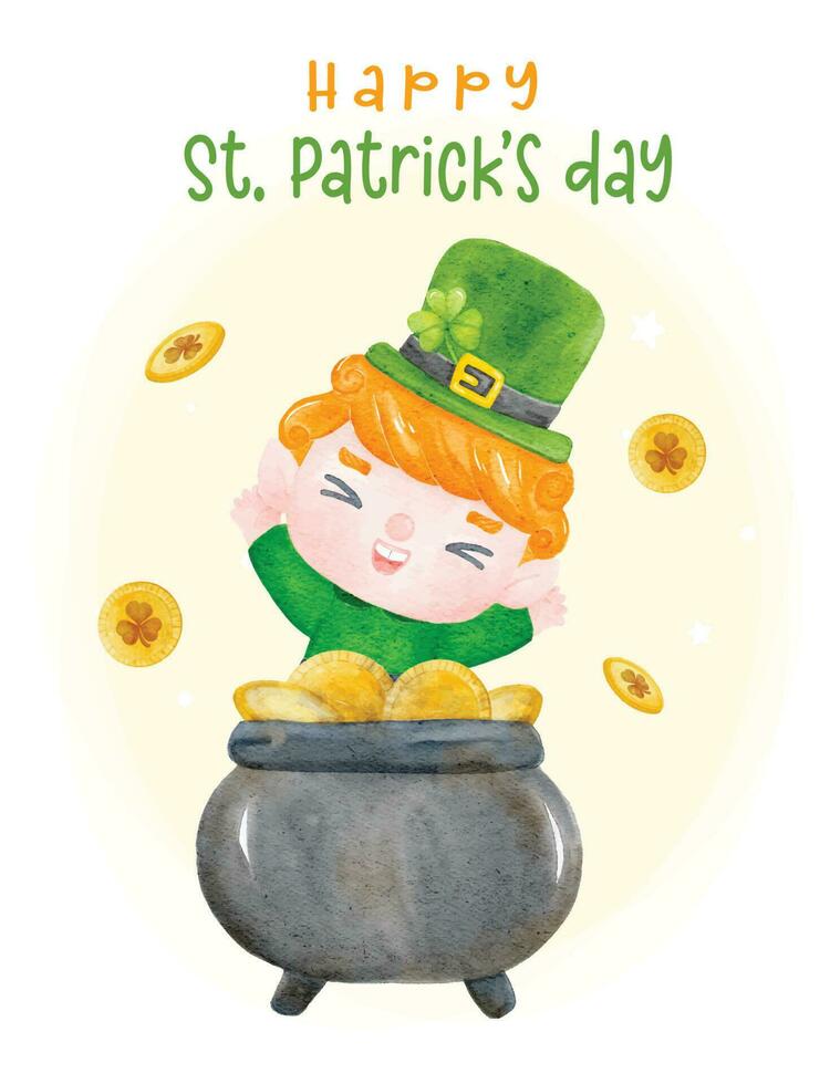 schattig gelukkig st. Patrick dag, gelukkig glimlach Laprechaun in gloden pot kind tekenfilm karakter waterverf hand- schilderij vector