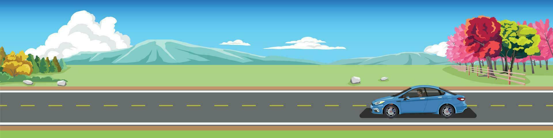 tekenfilm vervoer reizen voor spandoek. sport auto met het rijden voor reizen. asfalt weg in de buurt de groen gras en voorjaar bomen. berg en blauw lucht met wit wolken. kopiëren ruimte vlak vector. vector
