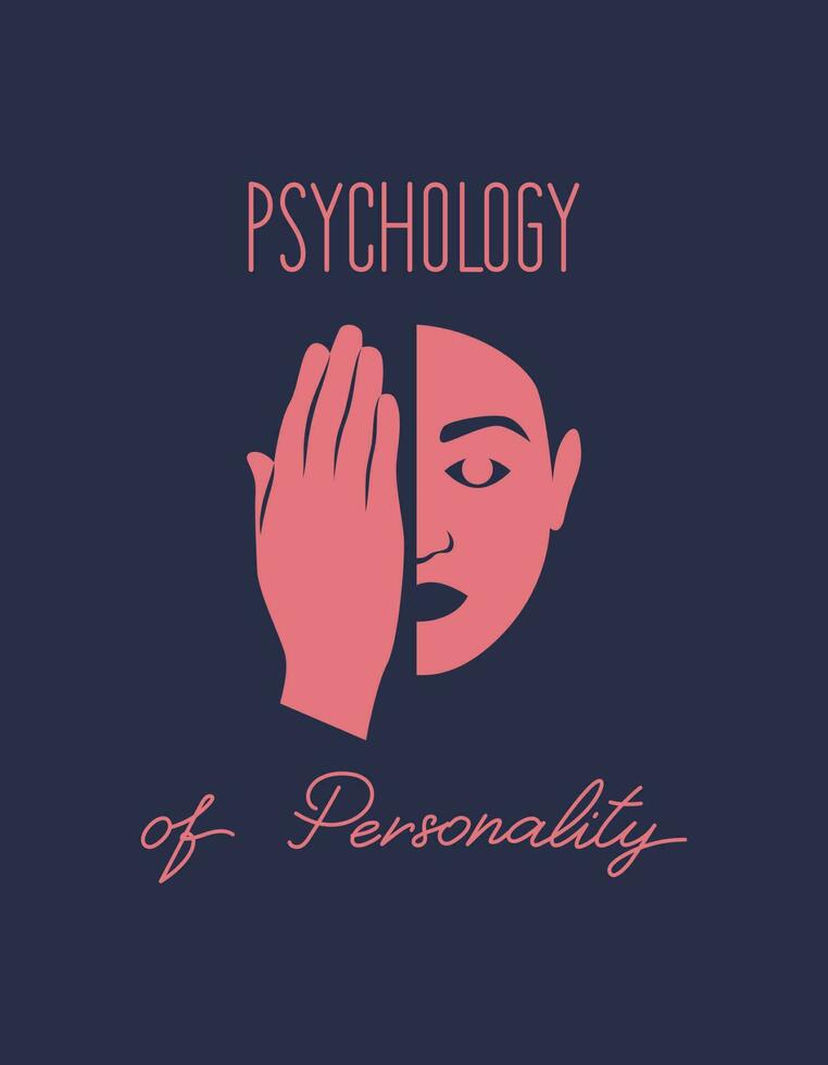 psychologie van persoonlijkheid. een vrouw gezicht is voor de helft gedekt door een hand. tekst. mentaal Gezondheid. vector vlak illustratie voor een banier, bedrijf kaart in psychologie.