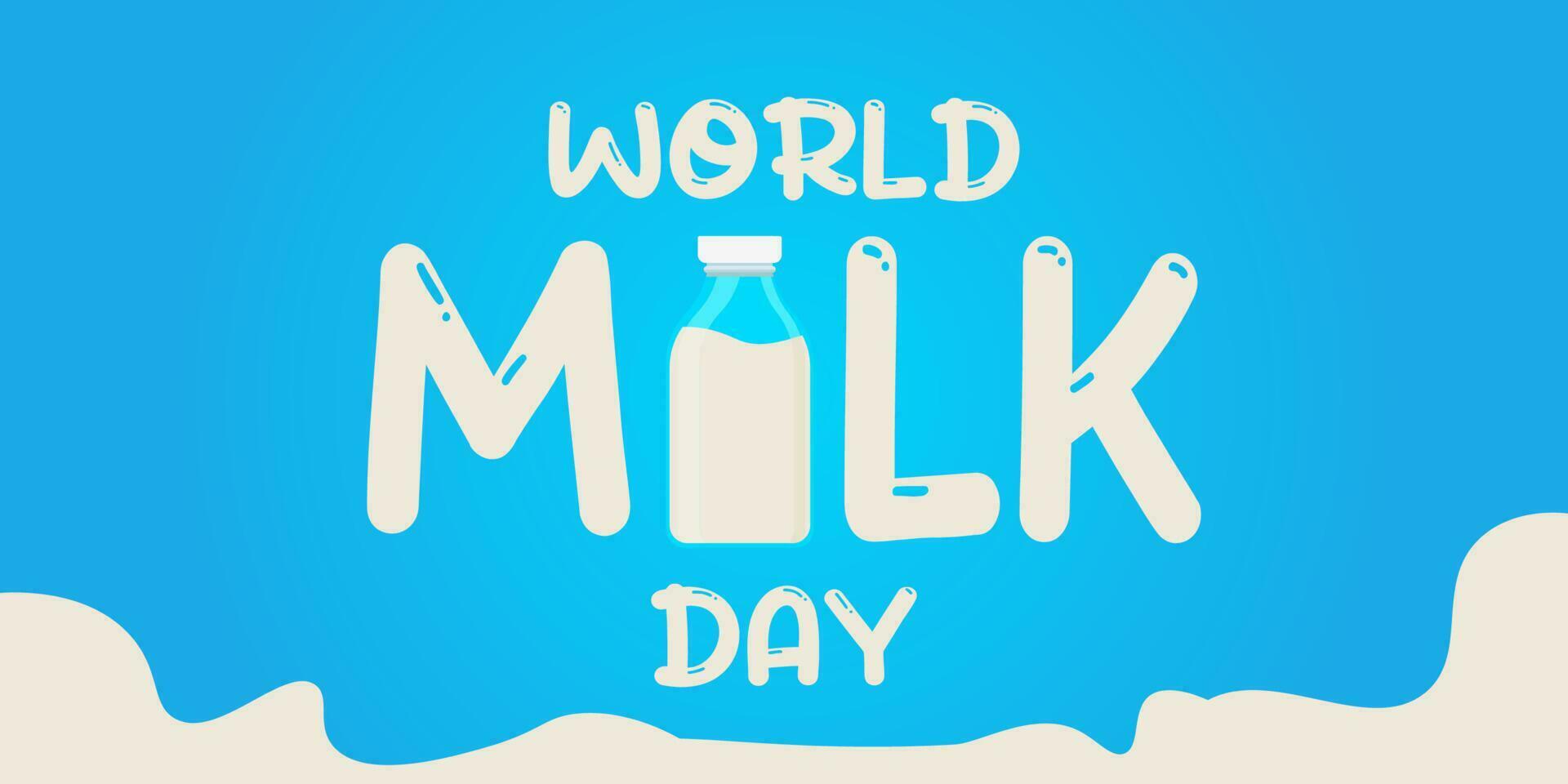 wereld melk dag. vers melk concept banier kaart vol fles en glas Aan een blauw achtergrond. vector illustratie