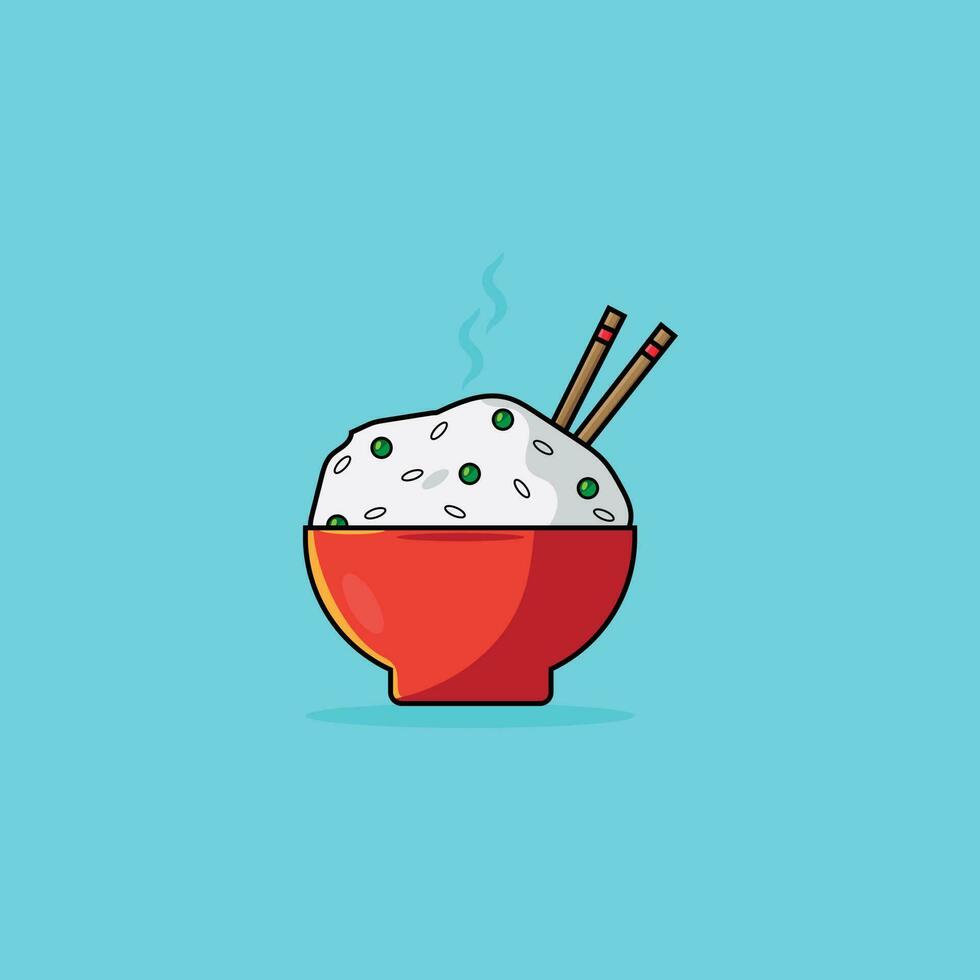gebakken rijst- in kom met eetstokjes, vlak ontwerp vector