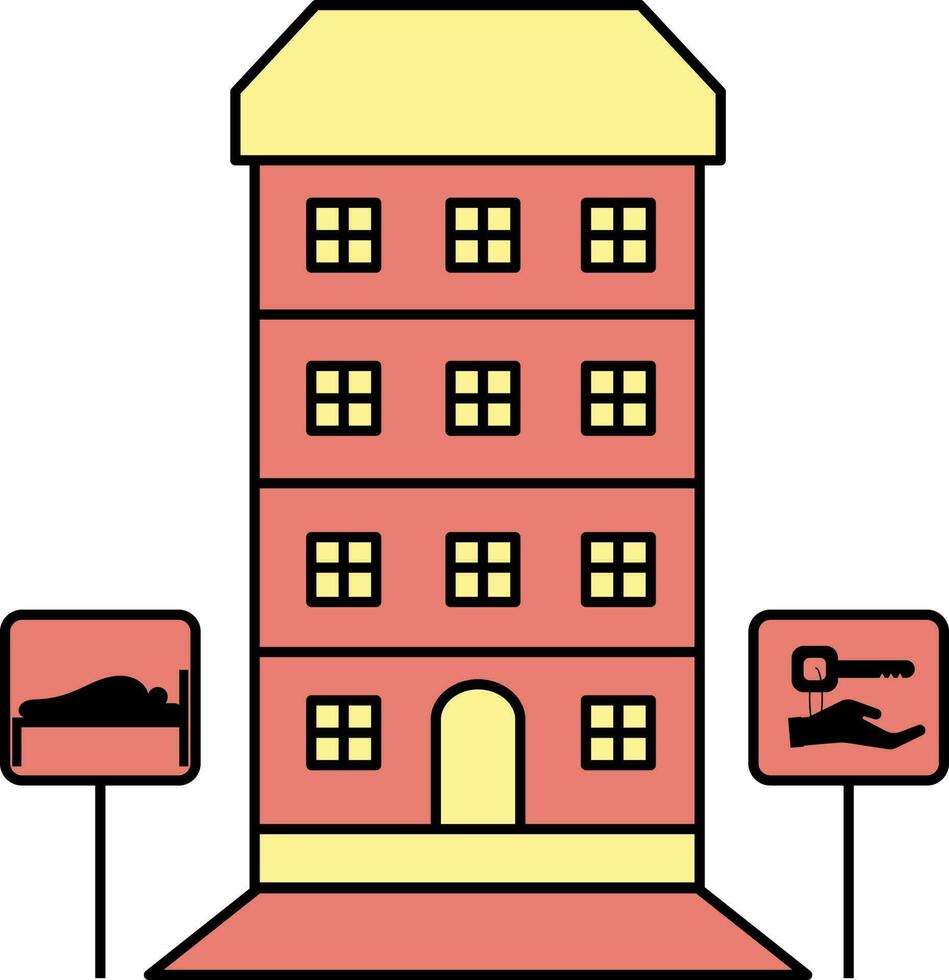 herberg of hotel gebouw icoon in rood en geel kleur. vector