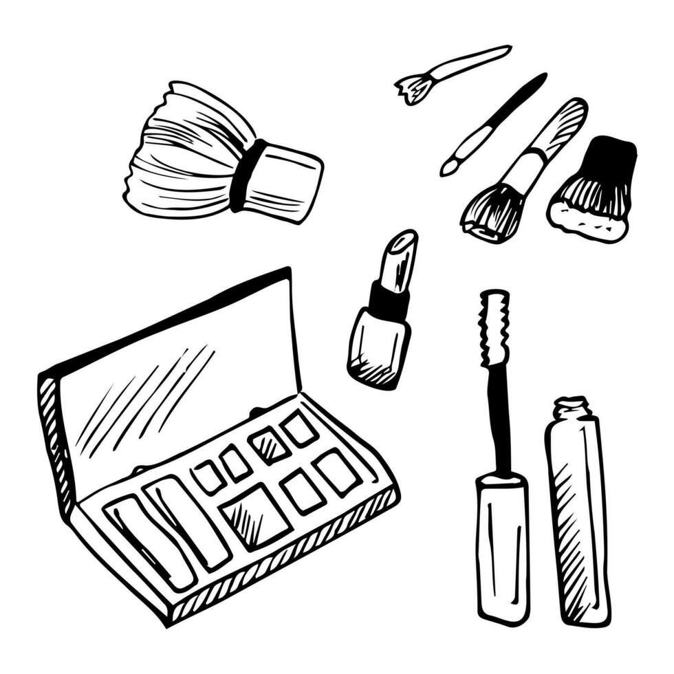 vector illustratie van een schattig meisjesachtig bedenken items pictogrammen reeks in hand- getrokken tekening stijl. gezicht en handen room, haar- spuiten, lippenstift, olie, oogschaduw, parfum, nagel Pools, mascara.