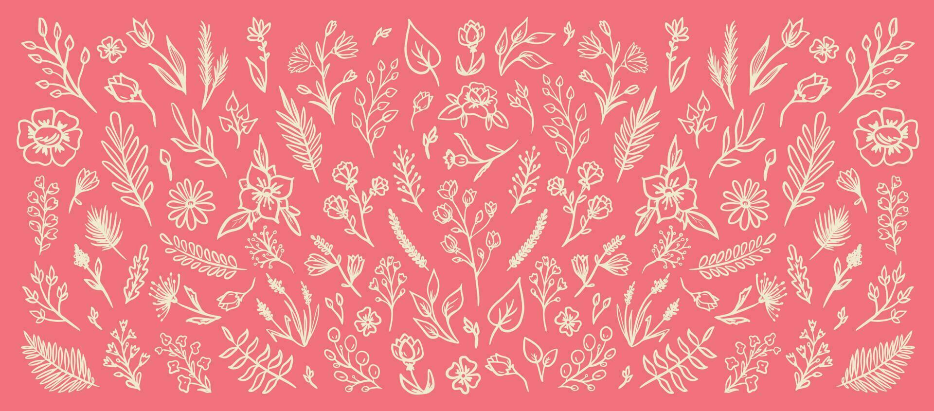 hand- getrokken vector wijnoogst elementen van bloemen, bladeren, veren, takjes Aan de pastel roze achtergrond.vector illustratie.bloemen in de tekening stijl.