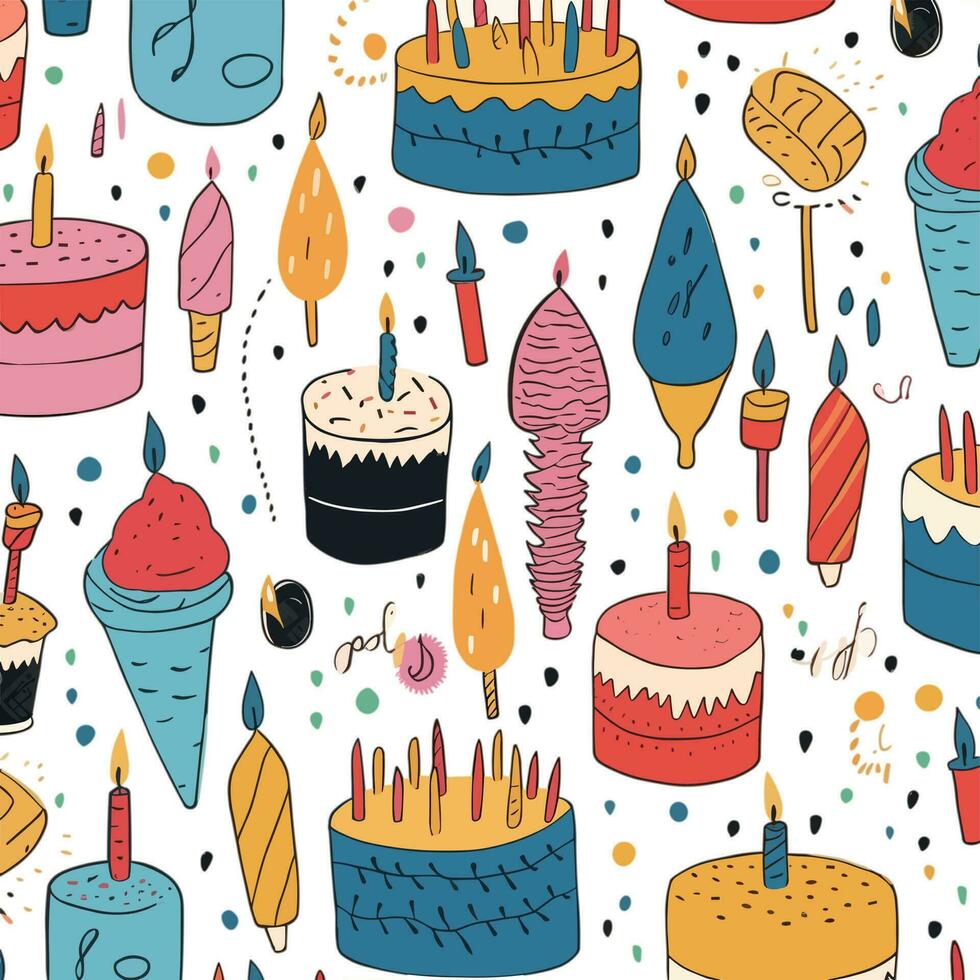 hand- getrokken divers kleurrijk licht kleuren vormen en doodles voorwerpen taart, kaarsen, ballonnen vector