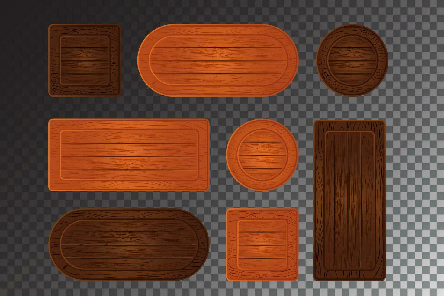 oranje hout spel bord tekenfilm vector plank. blanco houten uithangbord met esdoorn- en eik structuur voor boerderij app menu label. geïsoleerd niveau plaque wegwijzer plein en ronde vorm gui verzameling