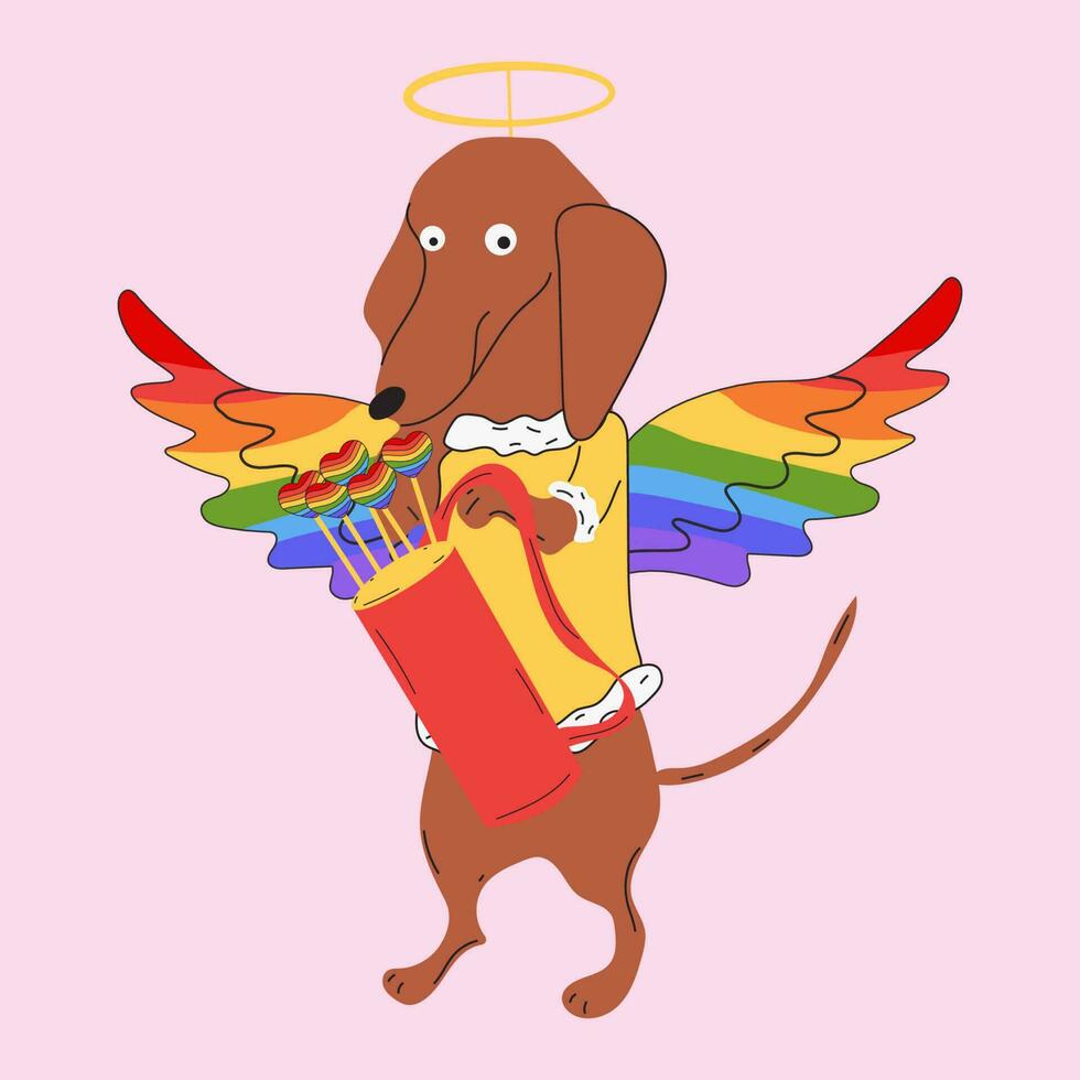een teckel hond in een regenboog Cupido kostuum. vector illustratie geïsoleerd