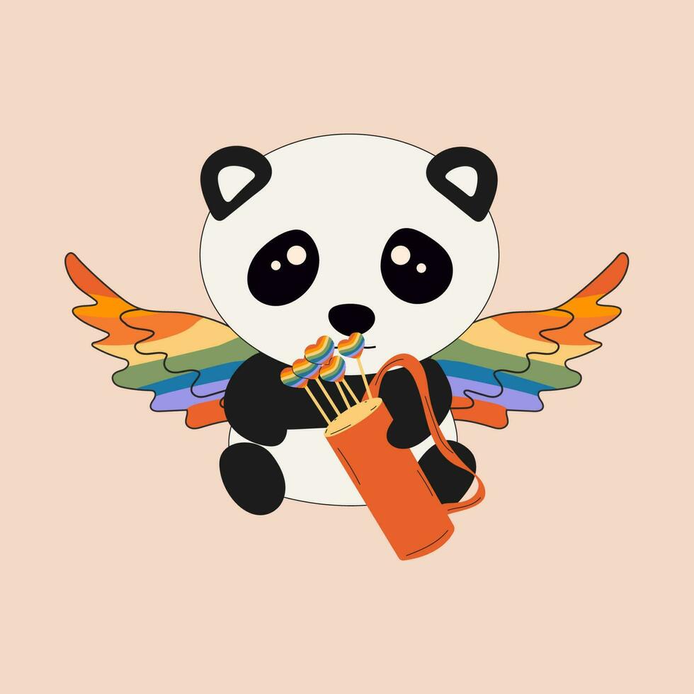 schattig weinig zittend panda houdt regenboog cupido's liefde pijlen. tekenfilm dier karakter voor kinderen kaarten, baby douche, uitnodiging, poster, t-shirt samenstelling, huis interieur. vector voorraad illustratie
