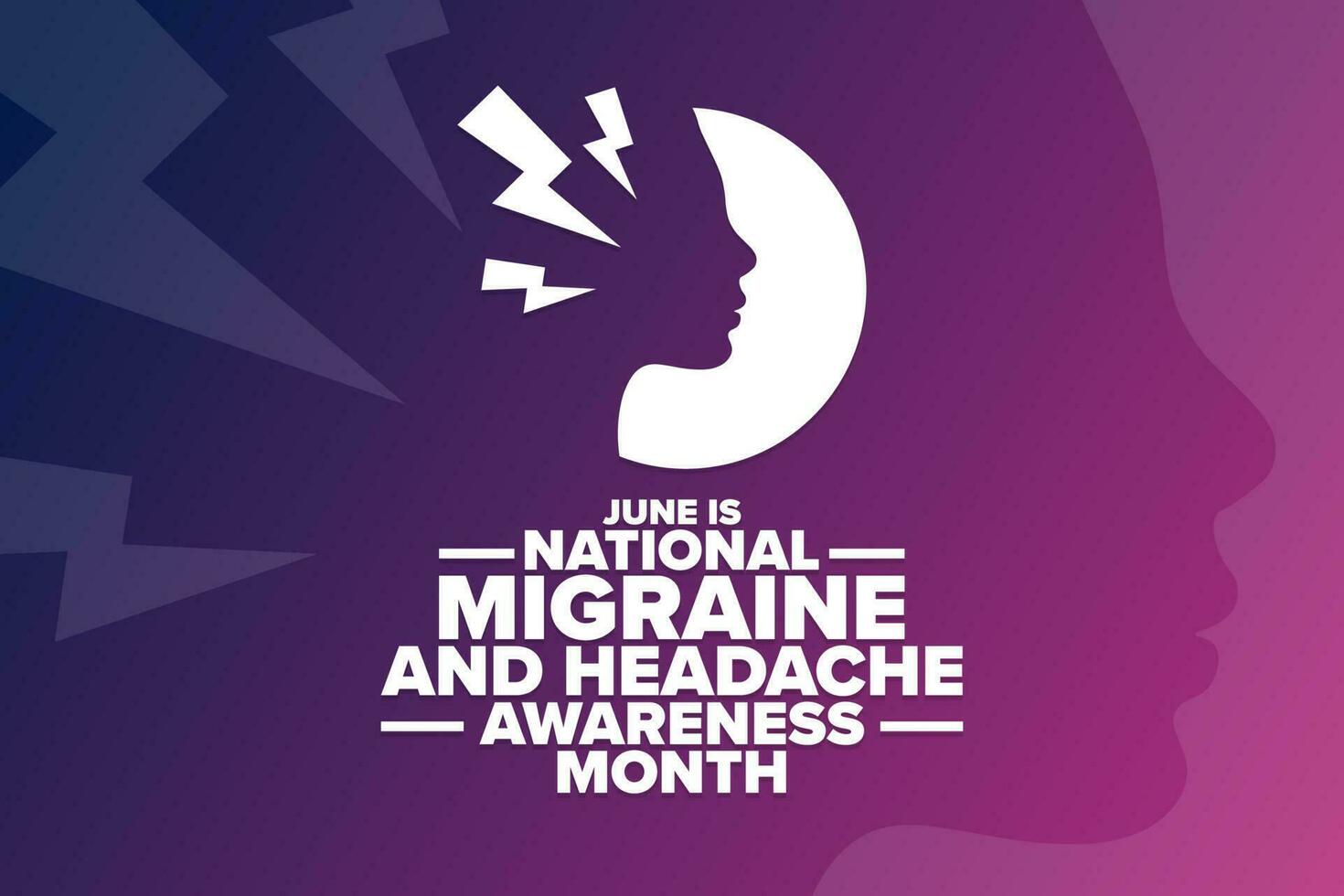 juni is nationaal migraine en hoofdpijn bewustzijn maand. vakantie concept. sjabloon voor achtergrond, banier, kaart, poster met tekst inscriptie. vector eps10 illustratie.