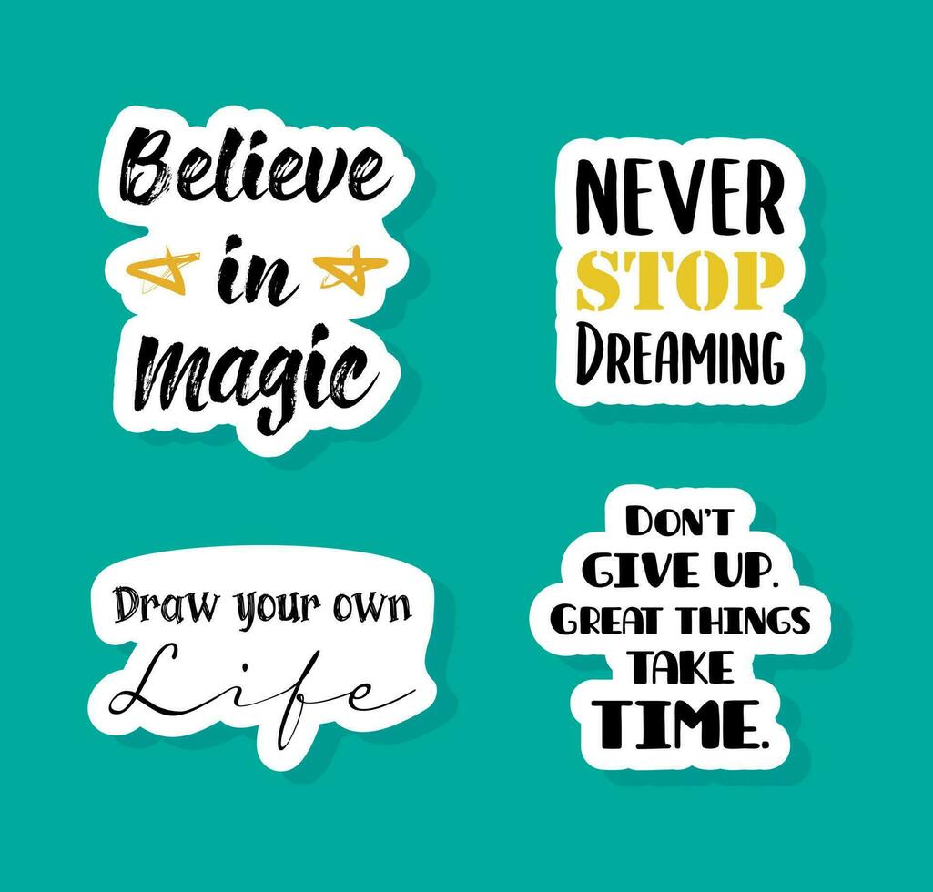 motiverende belettering uitdrukking sticker set. schattig vector notitieboekje etiket klem kunst. zelf vertrouwen inspirerend citaten.