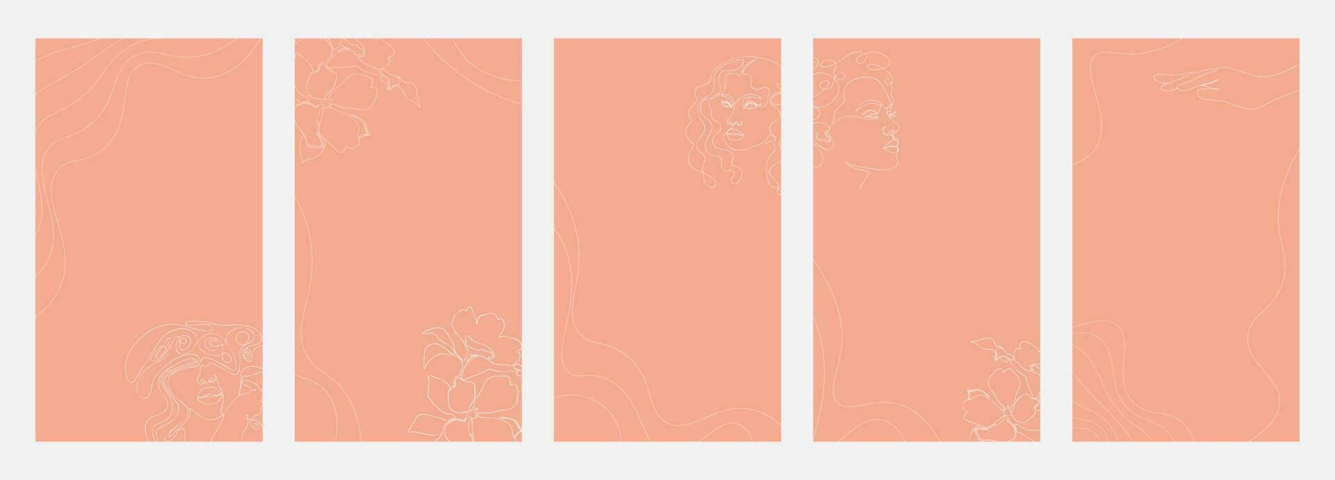 sociaal media verhaal ontwerp Sjablonen. abstract lijnen, vrouw gezichten en bloemen Aan roze achtergrond vector