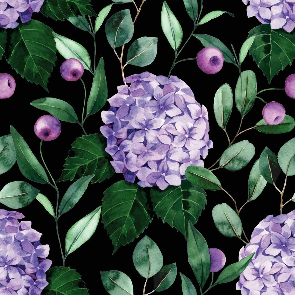 waterverf naadloos patroon met Purper hortensia bloemen en eucalyptus bladeren Aan zwart achtergrond vector