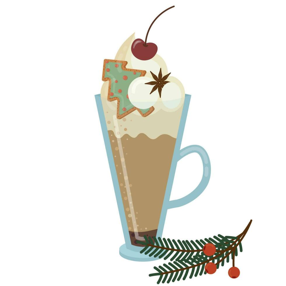 glas met omgaan met met koffie drinken en Kerstmis koekjes in de vorm van een Kerstmis boom met groen suiker glazuur. vector