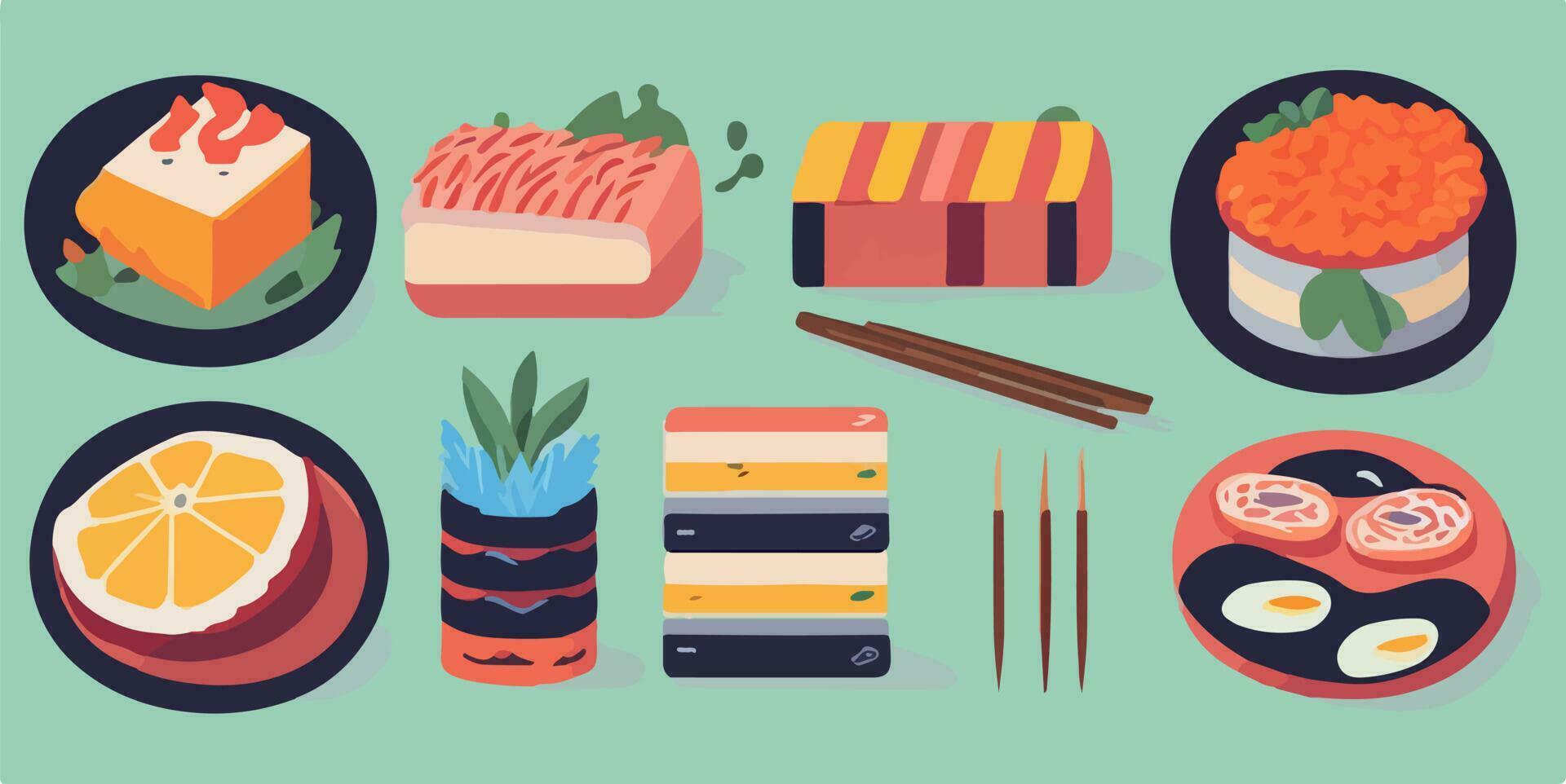 onweerstaanbaar schattig, pret en kleurrijk sushi reeks illustratie met charmant tekens vector