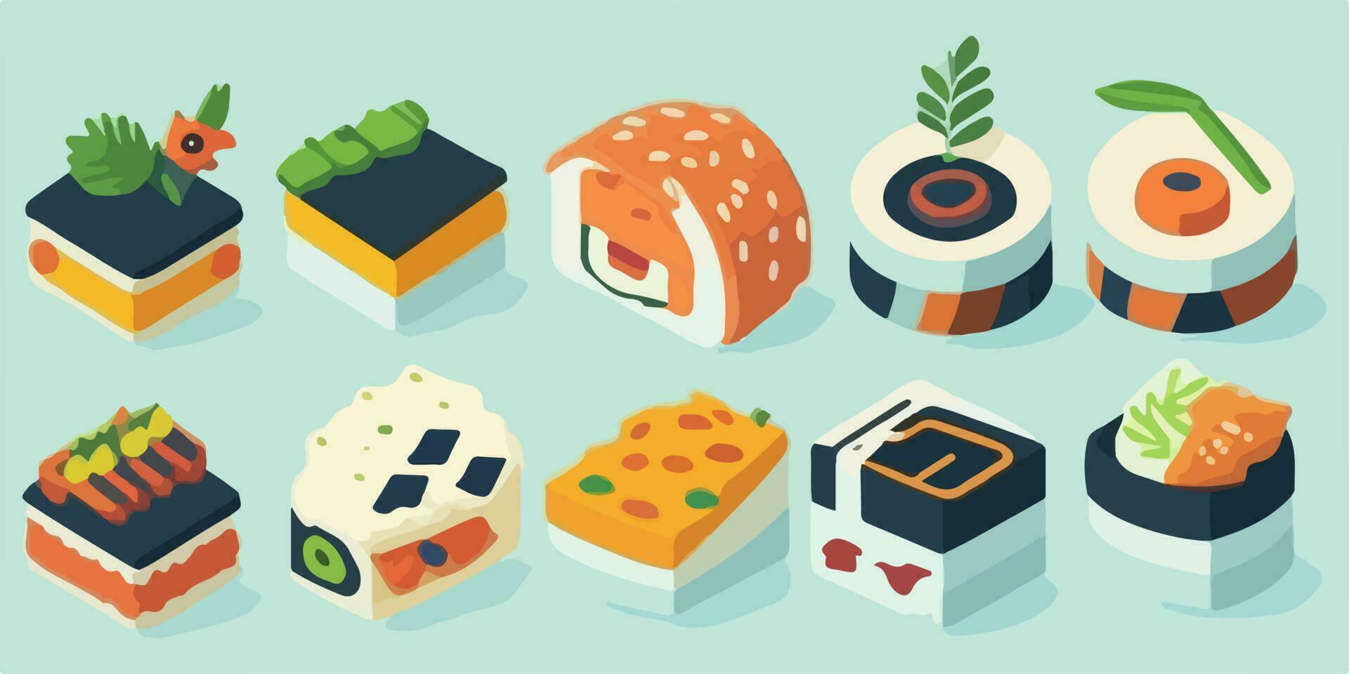 smaakvol reizen, volle kleur illustratie van een watertanden sushi reeks vector