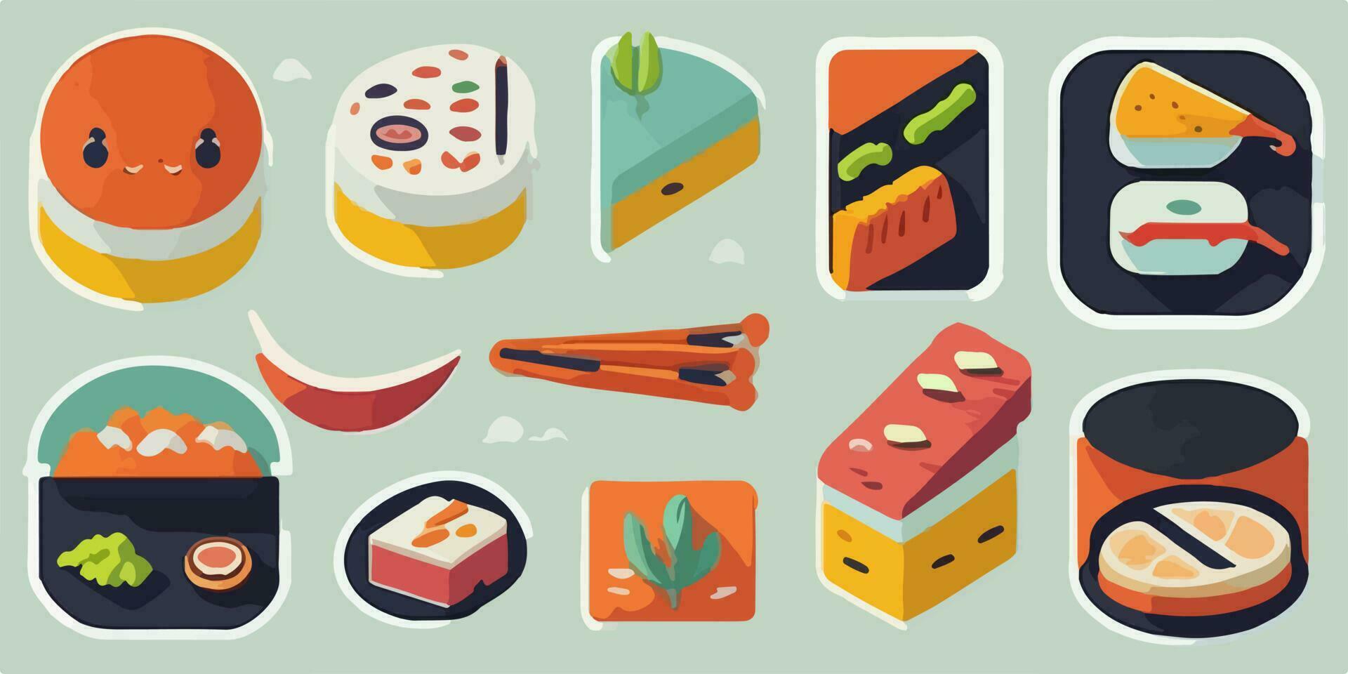 sushi lekkernijen, kleurrijk vector illustratie presentatie van een verscheidenheid van aanlokkelijk broodjes