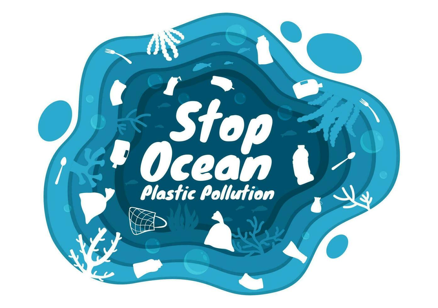 hou op oceaan plastic verontreiniging vector illustratie met uitschot onder de zee Leuk vinden een verspilling tas, vuilnis en fles in vlak tekenfilm hand- getrokken Sjablonen