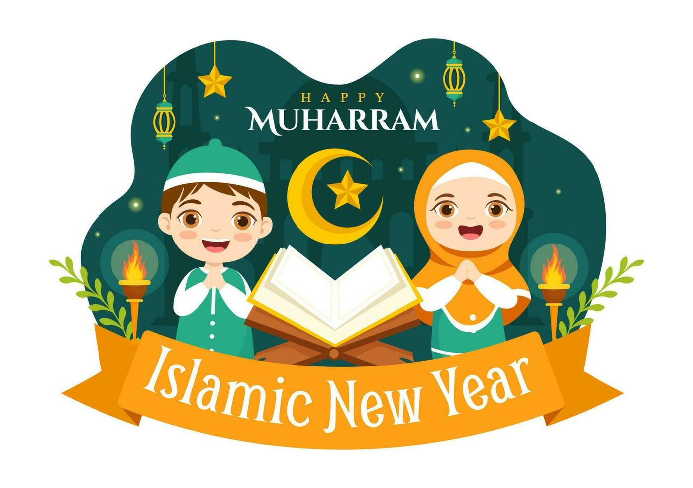 gelukkig Muharram vector illustratie met kinderen vieren Islamitisch nieuw jaar in vlak tekenfilm hand- getrokken landen bladzijde achtergrond Sjablonen