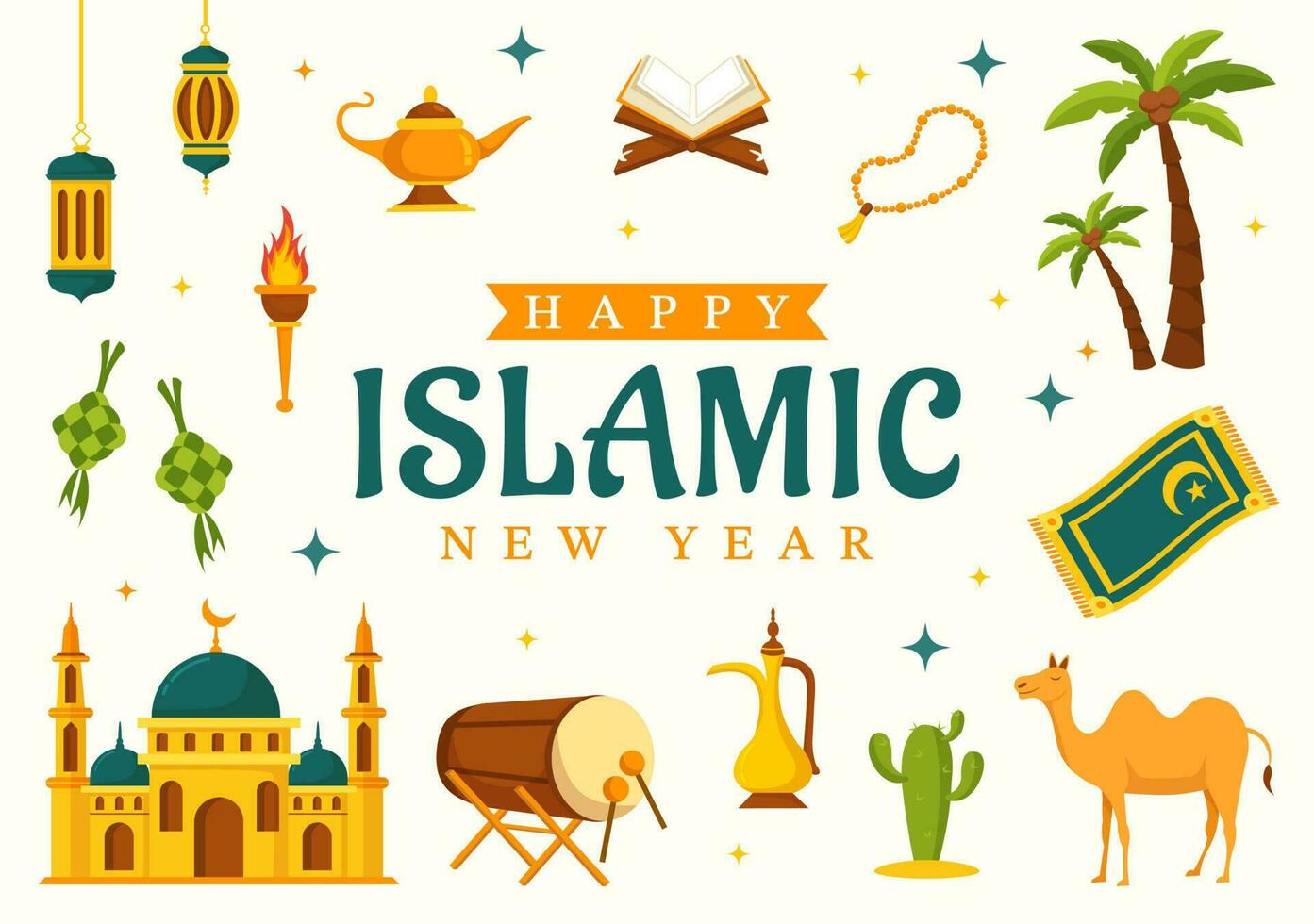gelukkig Muharram vector illustratie met vieren Islamitisch nieuw jaar in vlak tekenfilm hand- getrokken landen bladzijde achtergrond Sjablonen