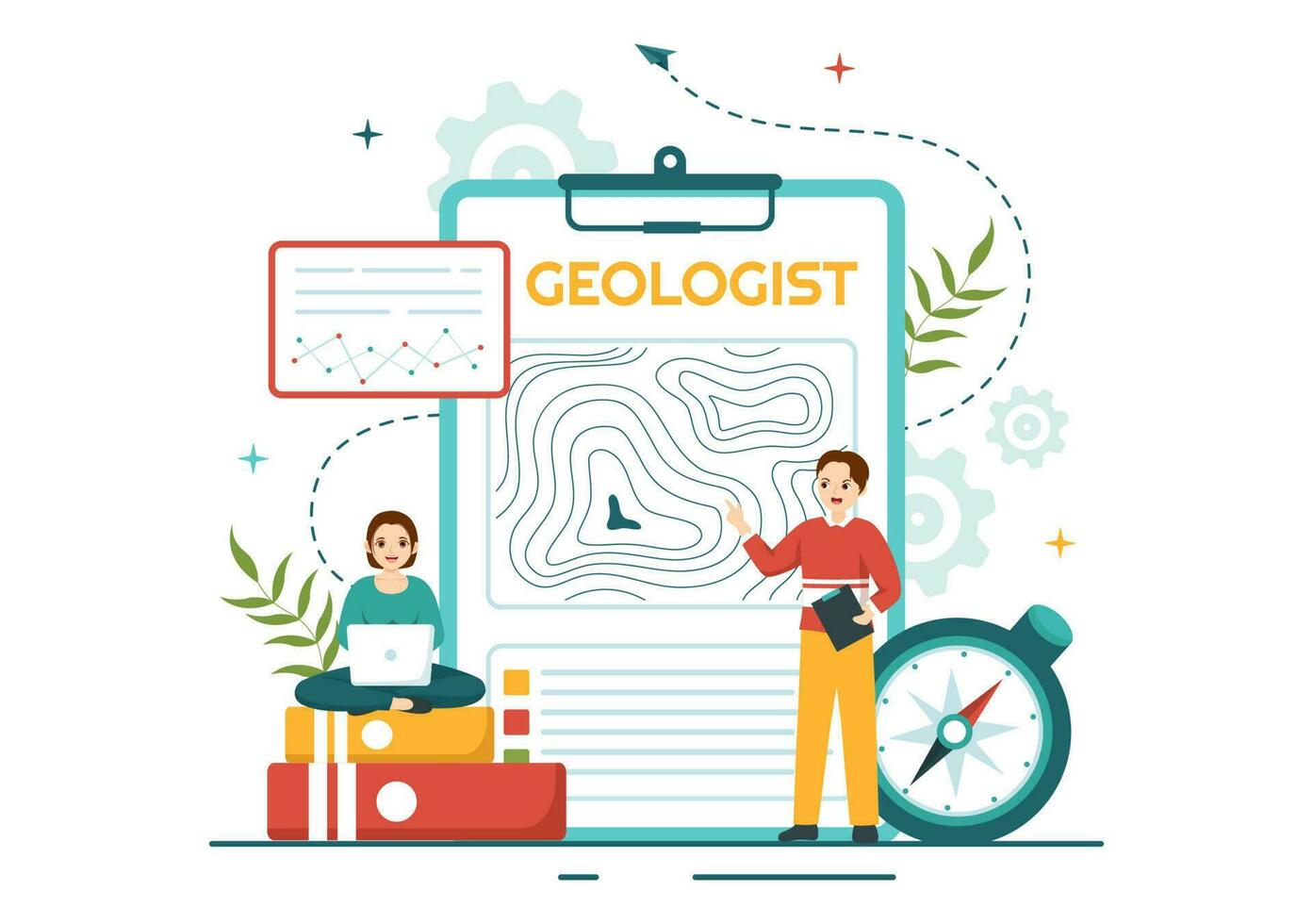 geoloog vector illustratie met bodem analyse en Kenmerken van de aarde voor wetenschap, Onderzoek of expeditie in vlak tekenfilm hand- getrokken Sjablonen