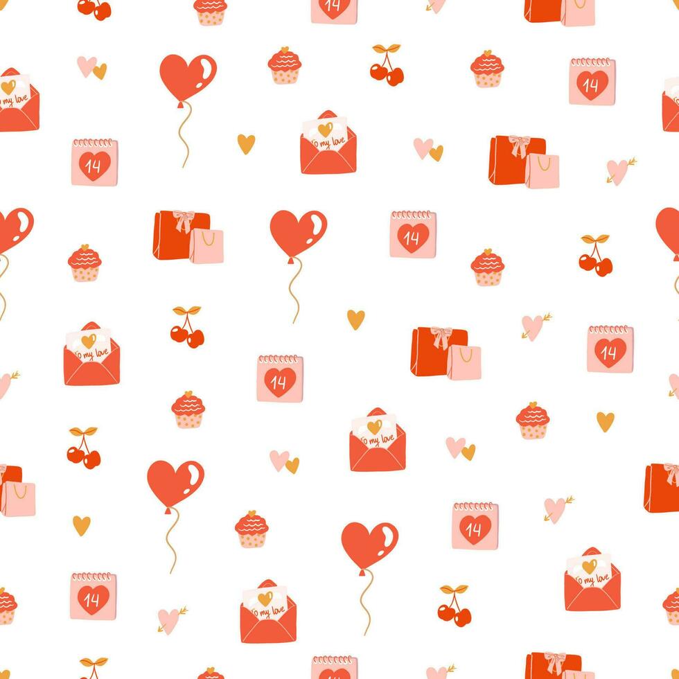 naadloos patroon voor Valentijnsdag dag. harten, kers, taart, ballon, kalender, berichten van liefde. afdrukken voor geschenk papier, verpakking. hand- getrokken liefde stijl. vector illustratie