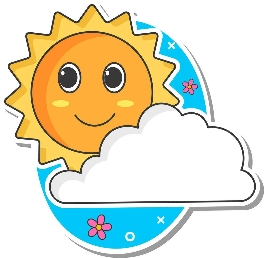 sticker stijl smiley zon met wolk, bloemen Aan blauw achtergrond. vector