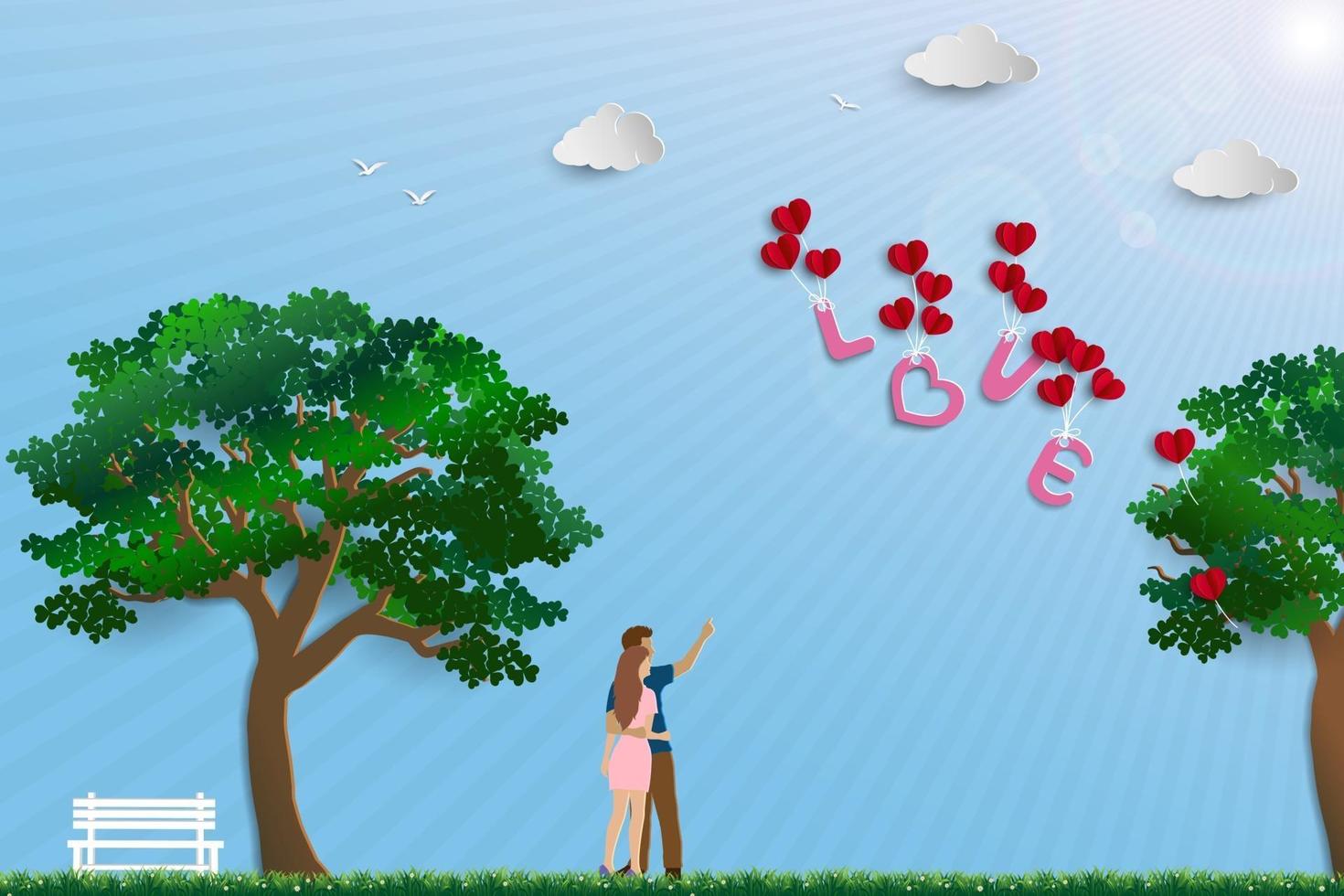 illustratie van liefde met paar staande in de wei op zonnige dag vector