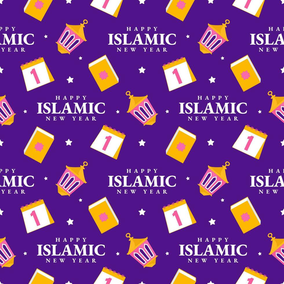 gelukkig Islamitisch nieuw jaar naadloos patroon ontwerp vlak illustratie met moslims elementen in sjabloon hand- getrokken vector