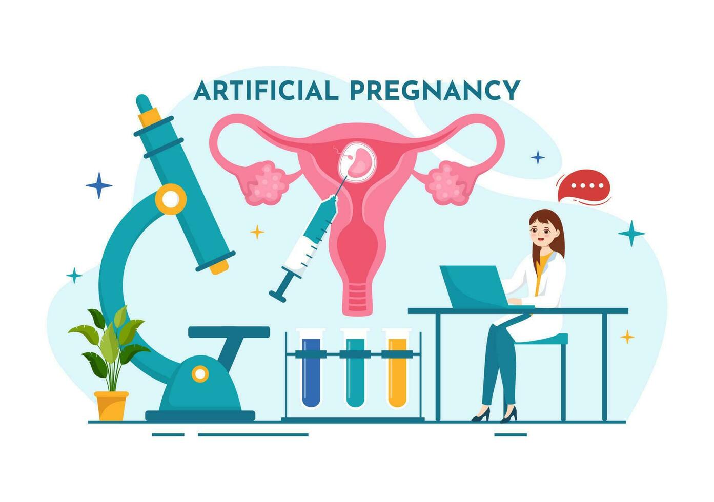 kunstmatig zwangerschap vector illustratie met paar na geslaagd embryo enting en reproductieve geneeskunde Gezondheid in tekenfilm hand- getrokken Sjablonen