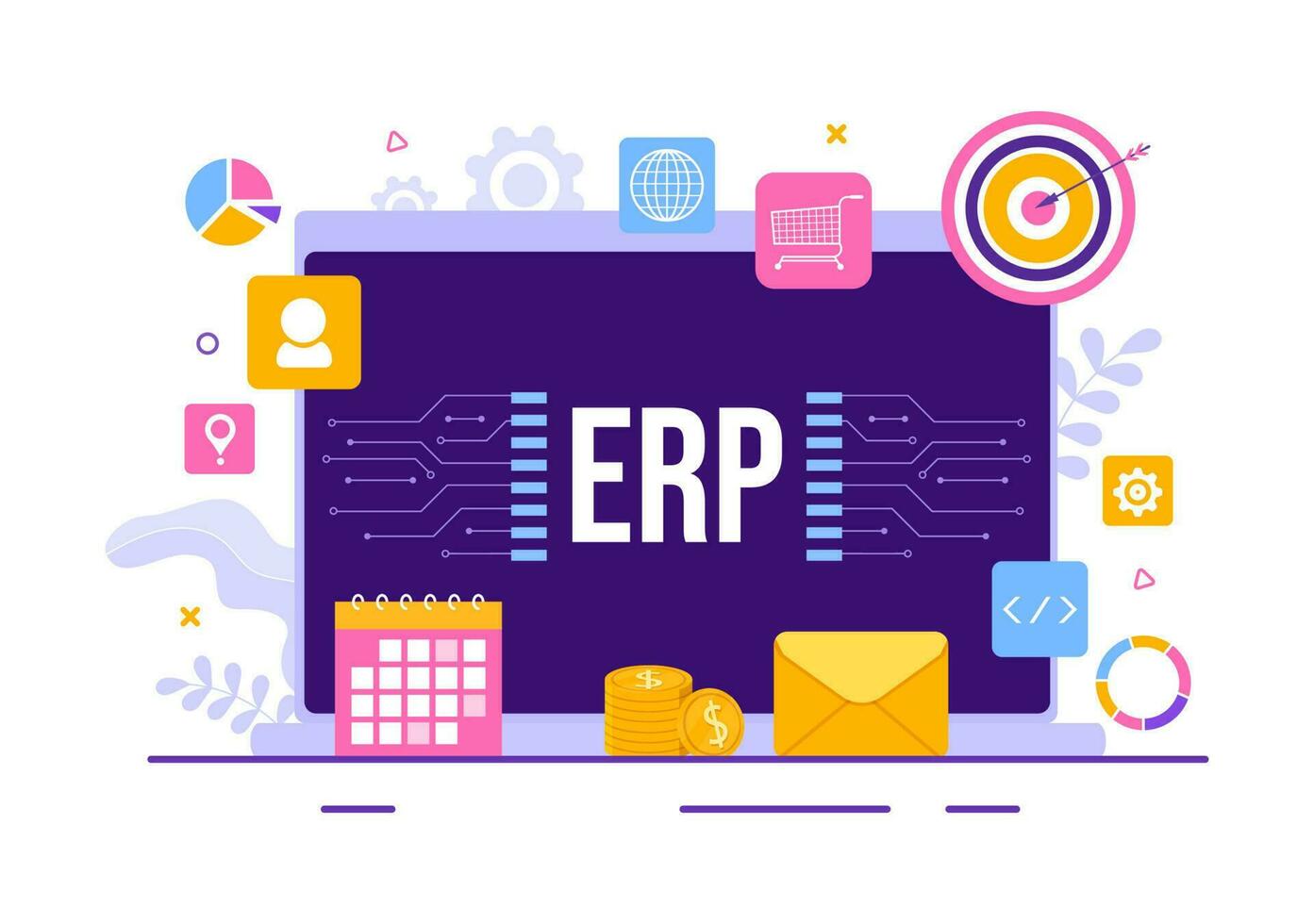 erp onderneming hulpbron planning systeem vector illustratie met bedrijf integratie, produktiviteit en bedrijf verbetering in hand- getrokken Sjablonen