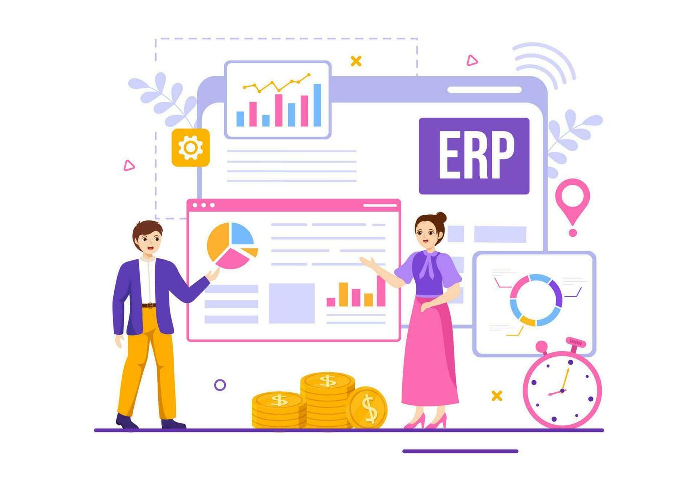 erp onderneming hulpbron planning systeem vector illustratie met bedrijf integratie, produktiviteit en bedrijf verbetering in hand- getrokken Sjablonen