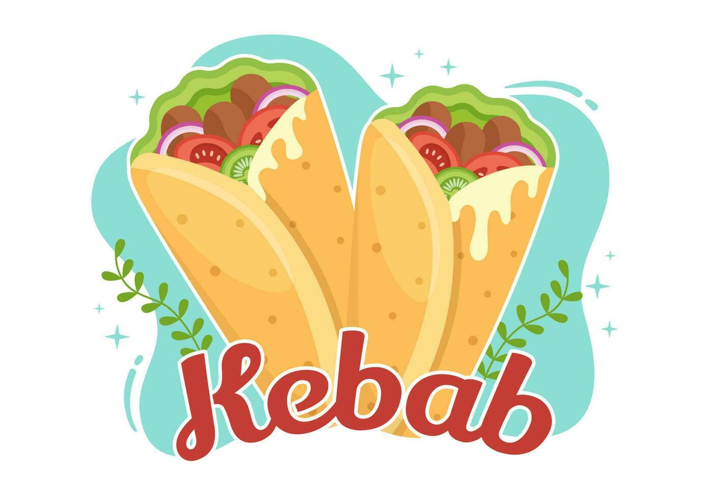 kebab vector illustratie met vulling kip of rundvlees vlees, salade en groenten in brood tortilla inpakken in vlak tekenfilm hand- getrokken Sjablonen