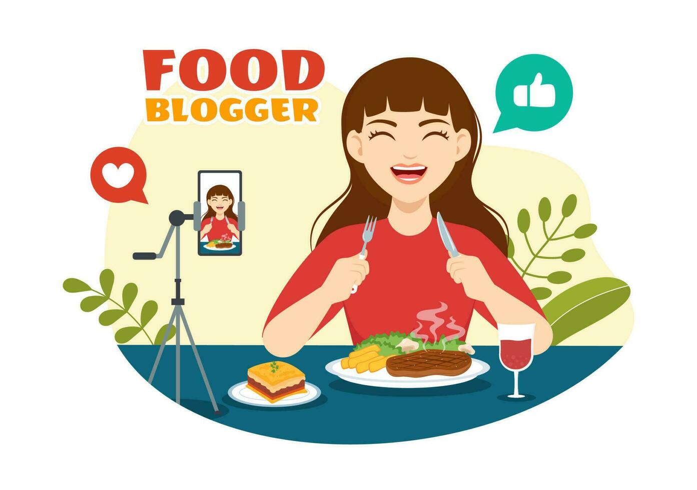 voedsel blogger vector illustratie met influencer recensie en delen het Aan de blog in vlak tekenfilm hand- getrokken landen bladzijde achtergrond Sjablonen